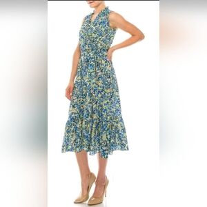London Times Blue and Yellow Ruffled Midi Dress
